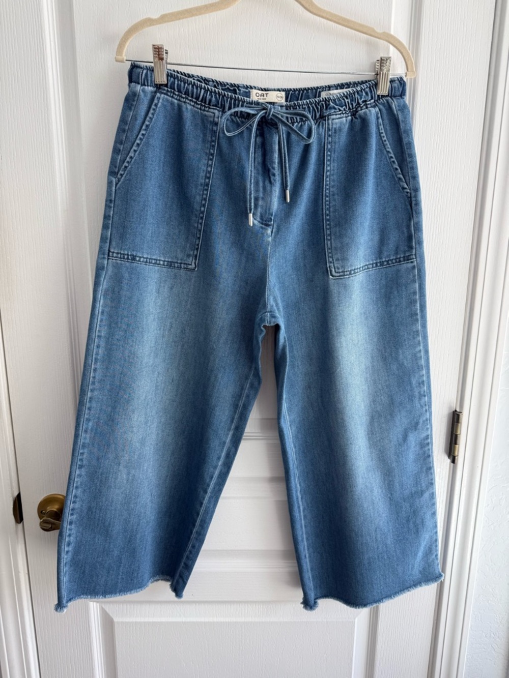 Oat Cloud Luxe Jeans Wide Leg High Rise Drawstring Waist Cropped Size 10/30